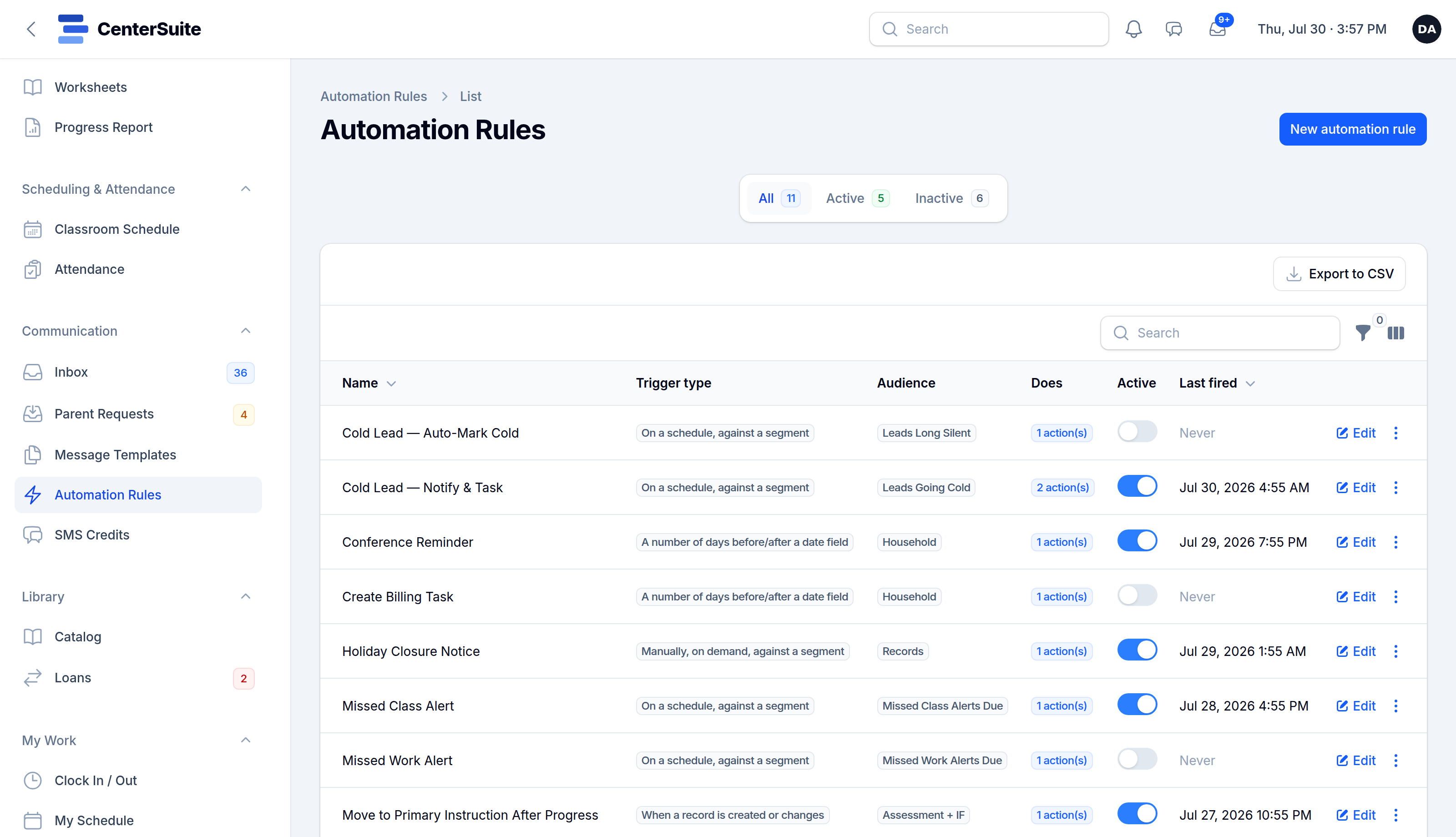 The automation rules list in CenterSuite