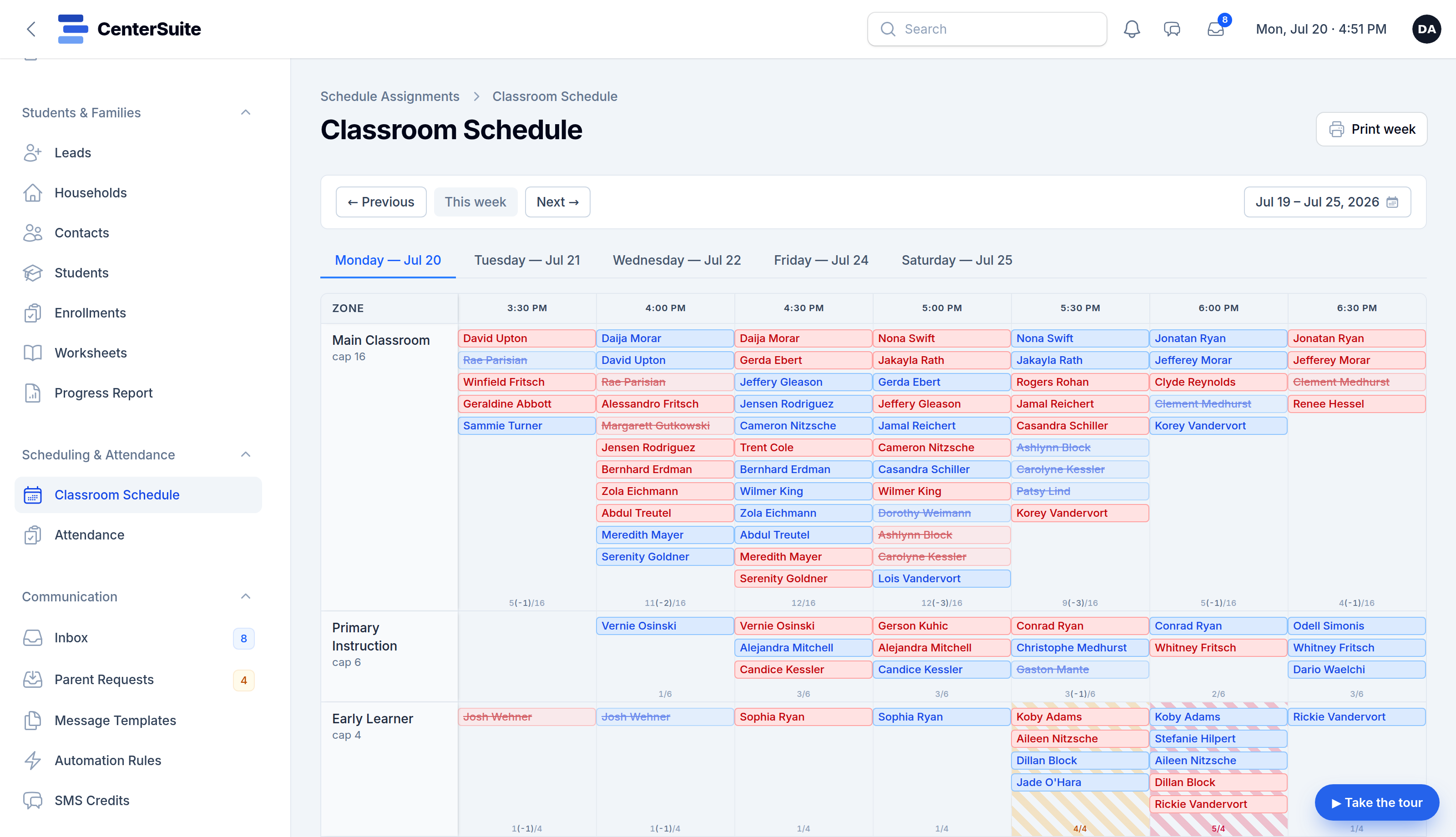 The class schedule grid in CenterSuite
