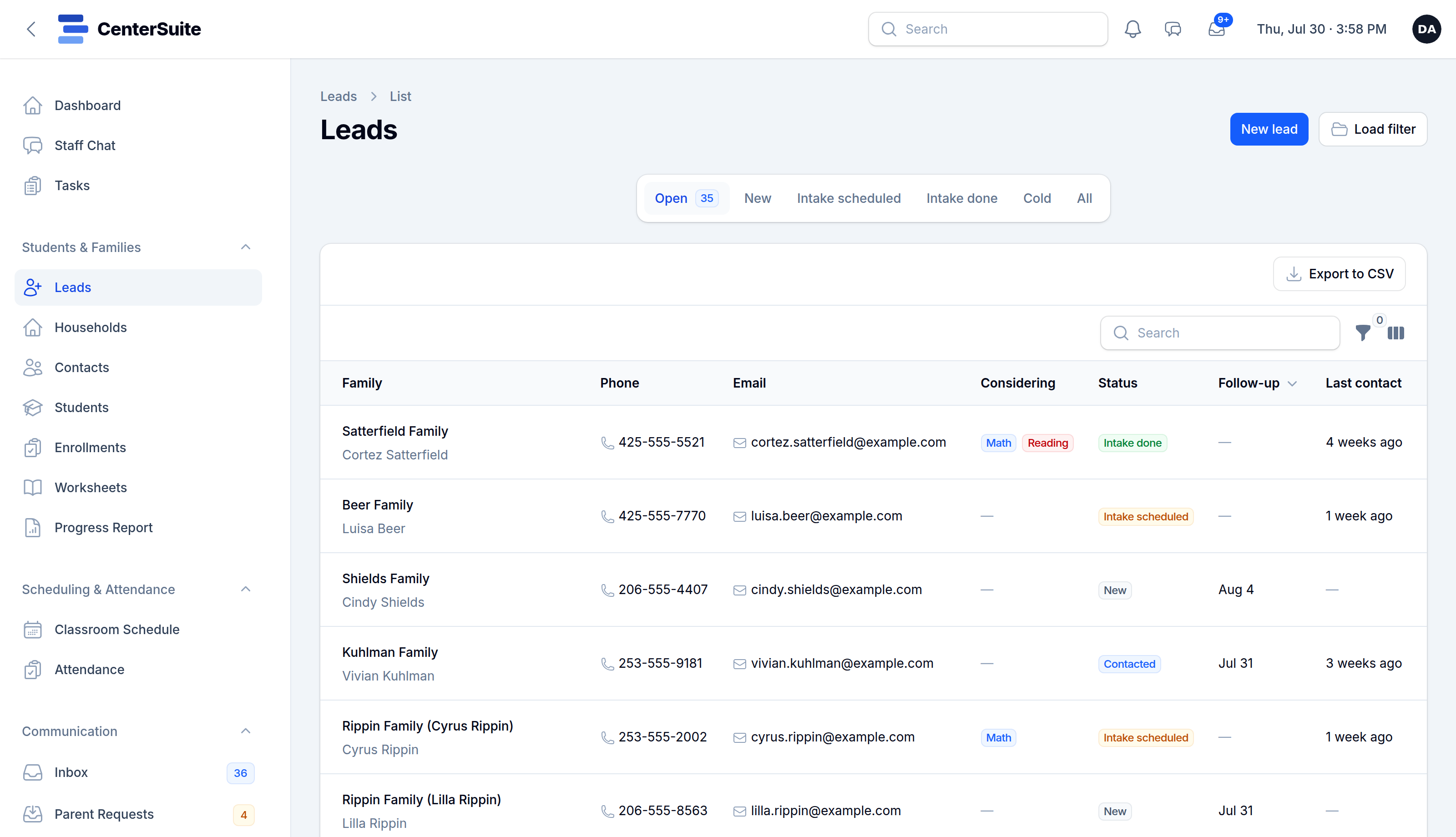 The leads pipeline in CenterSuite