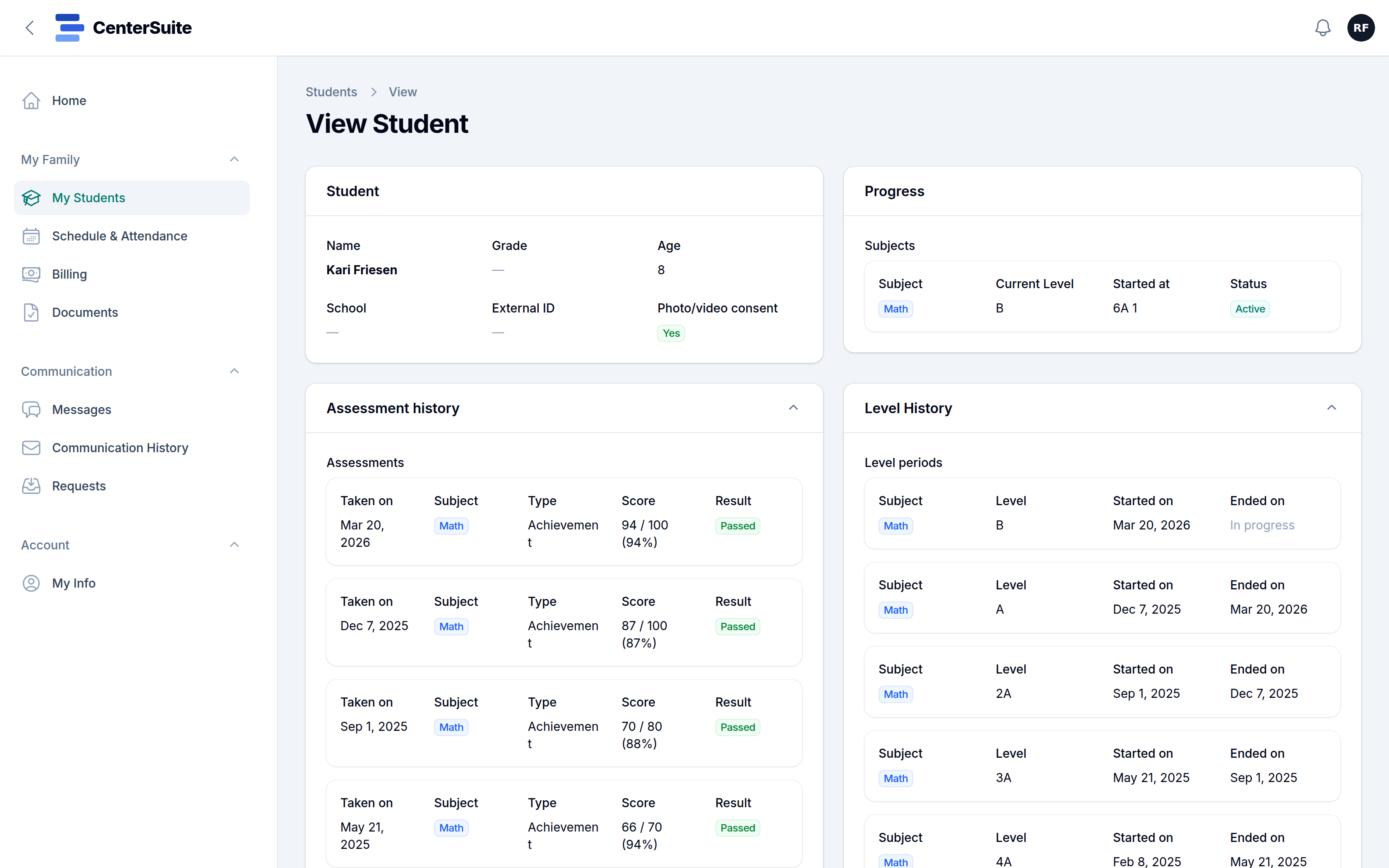 A parent's view of their student's progress in CenterSuite