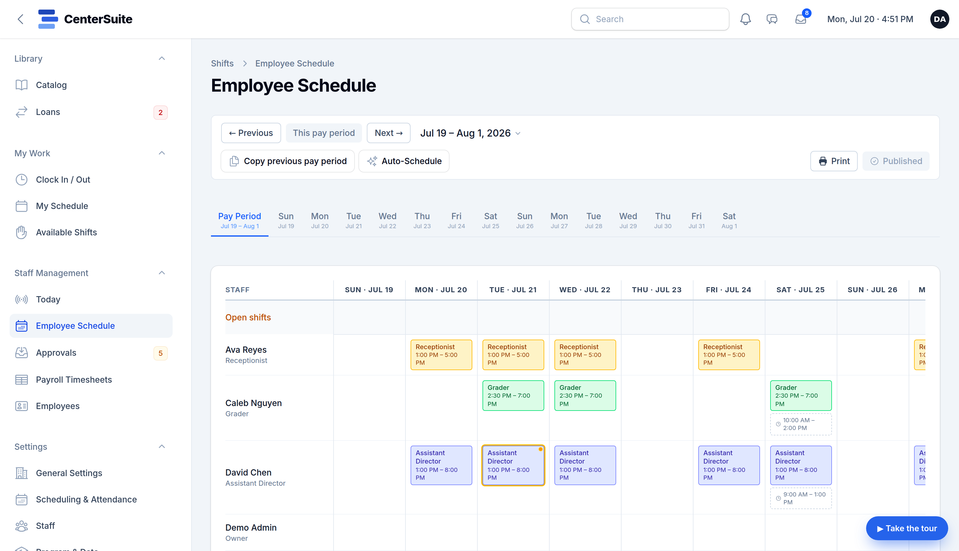 The staff schedule in CenterSuite
