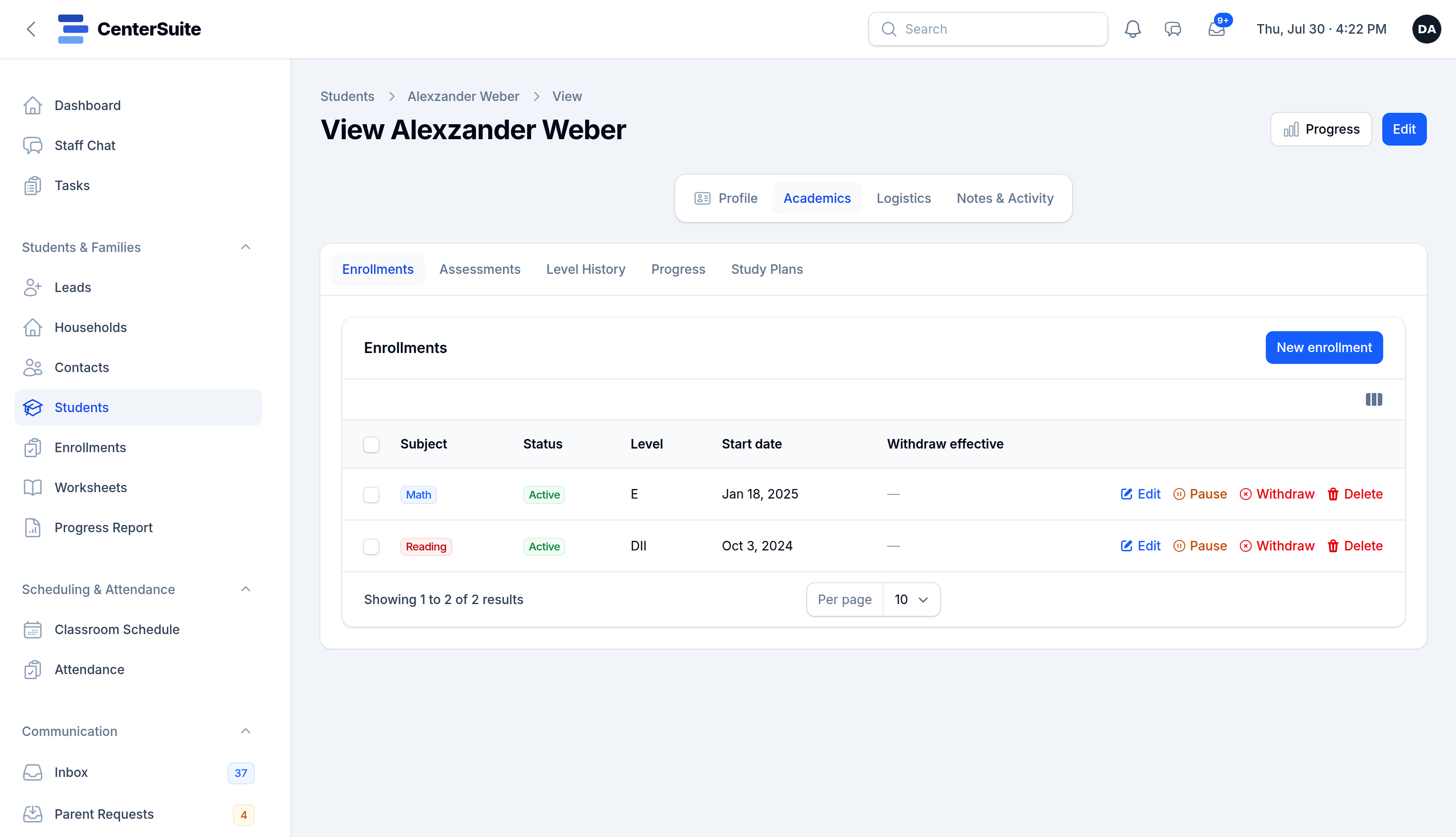 A student record with enrollments per subject in CenterSuite