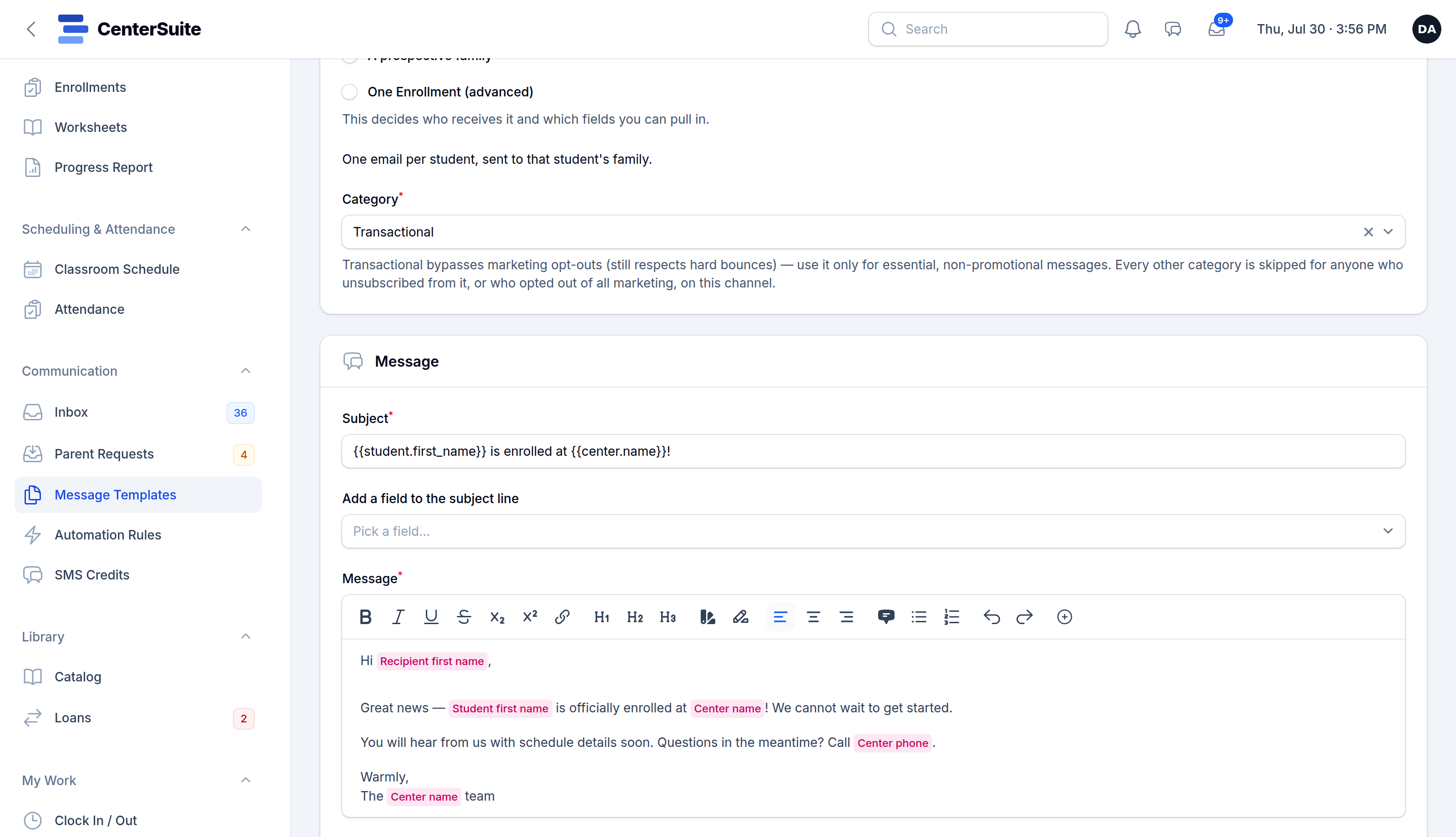 A message template with merge fields in CenterSuite