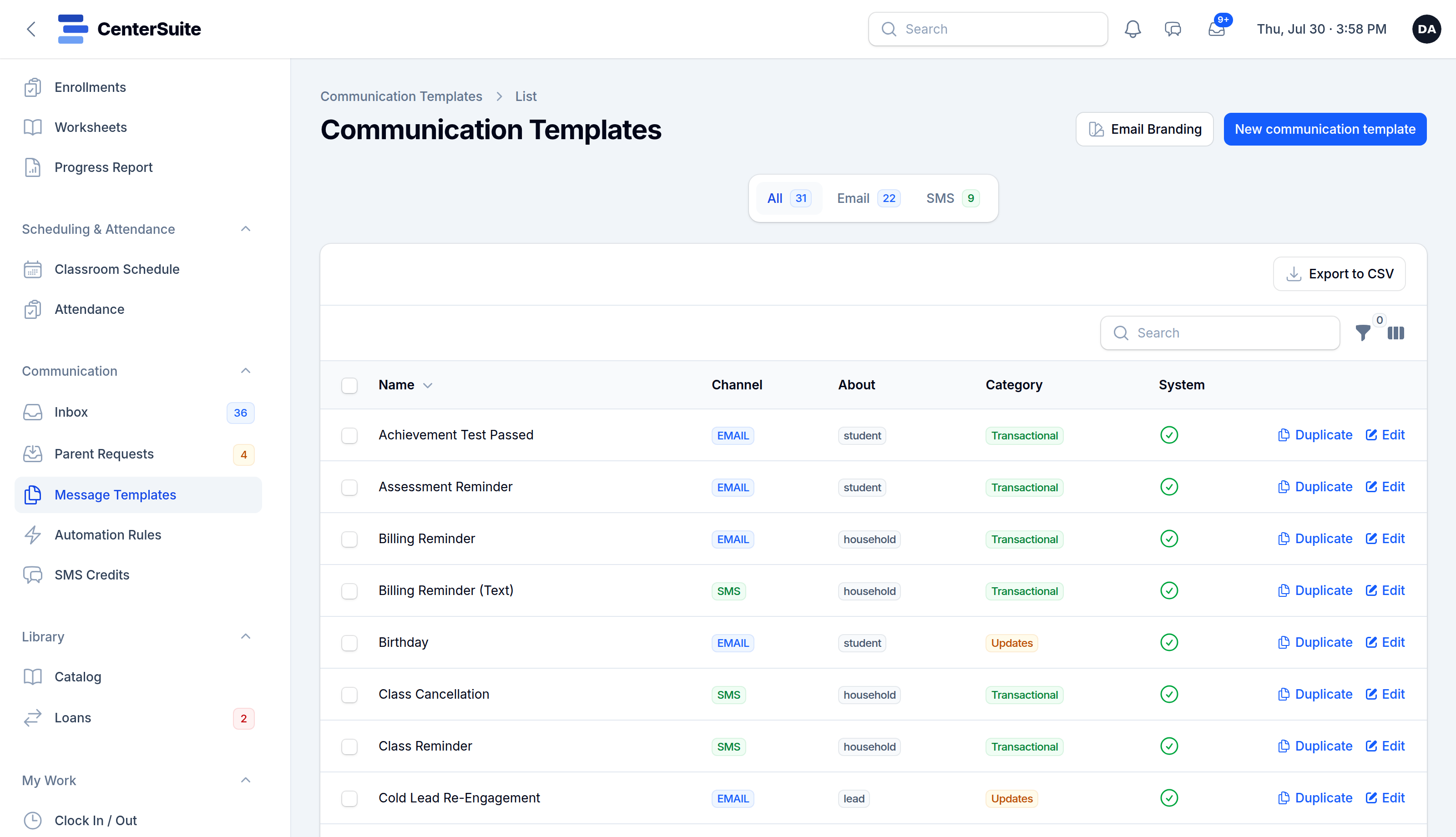 SMS and email message templates in CenterSuite